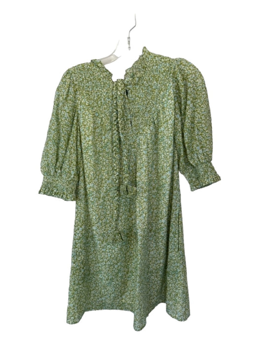 Olivia James Size S Green & Blue Cotton Long Balloon Sleeve Floral Belted Dress Green & Blue / S