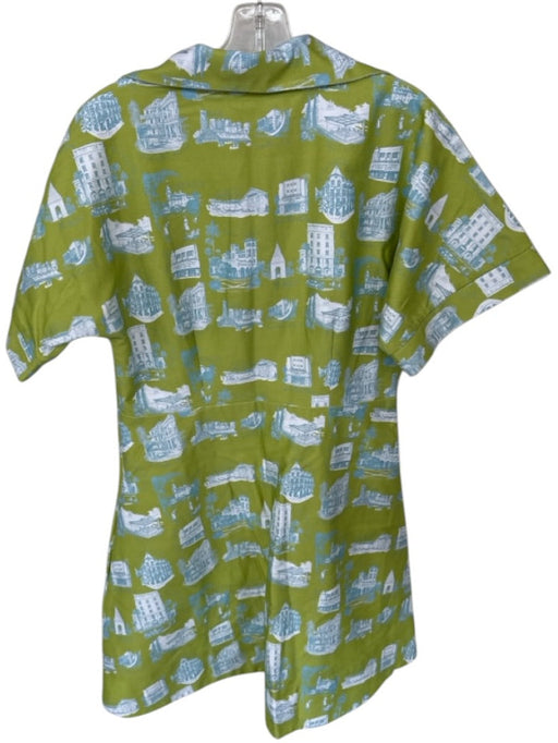 Buru Size S Green & Blue Cotton Short Sleeve Buildings Collar Button Down Dress Green & Blue / S