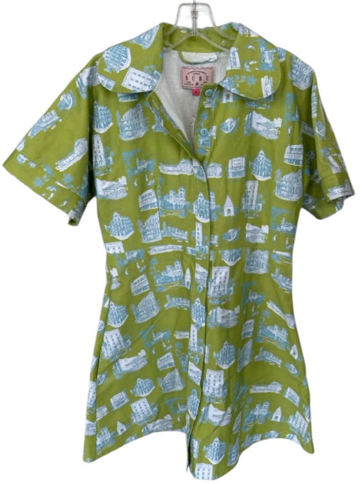 Buru Size S Green & Blue Cotton Short Sleeve Buildings Collar Button Down Dress Green & Blue / S