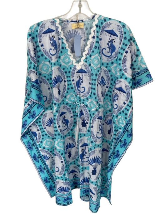 ISLAPAYAL Size One Size Aqua & Blue Cotton Batwing Monkeys Plant Print Dress Aqua & Blue / One Size