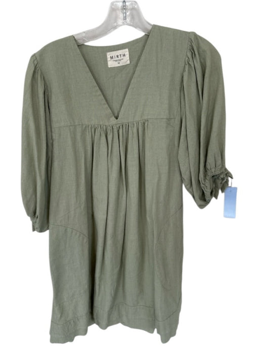 Mirth Size XS Sage green Cotton Long Balloon Sleeve V Neck Front Pockets Dress Sage green / XS