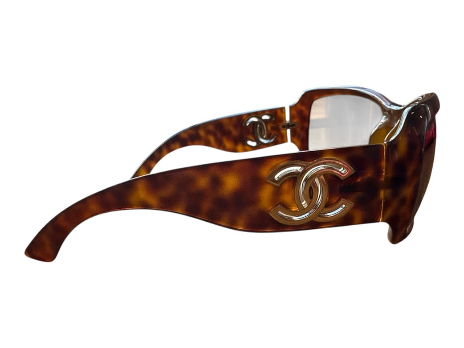 Chanel Brown & Gold Acetate Tortoise shell Rectangle Gold Hardware Sunglasses Brown & Gold