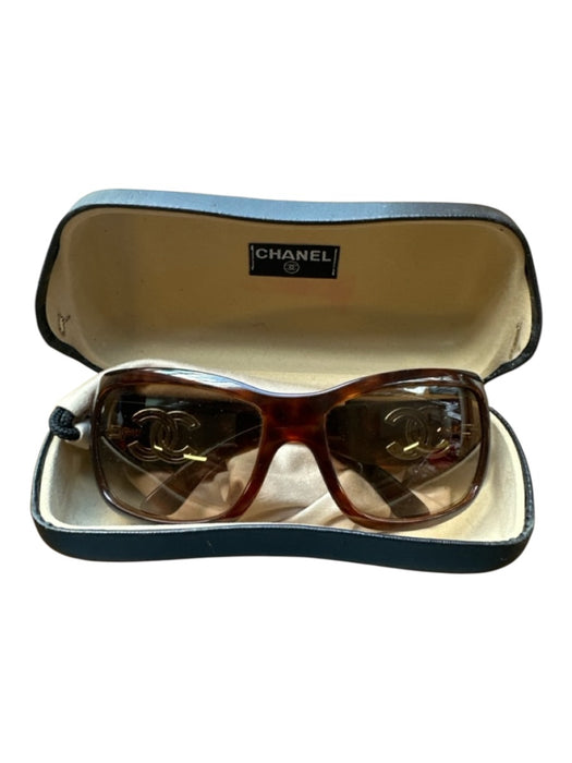 Chanel Brown & Gold Acetate Tortoise shell Rectangle Gold Hardware Sunglasses Brown & Gold