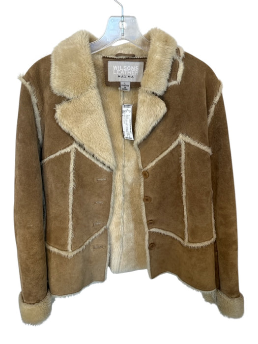 Wilsons Leather Size L Brown & Tan Leather & Faux Fur Flap collar Jacket Brown & Tan / L