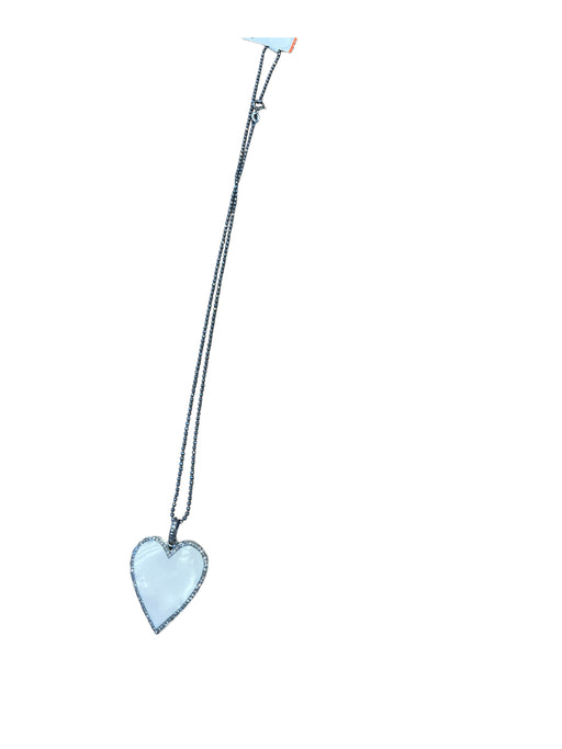Gunmetal & White Sterling Silver Pave Diamonds Heart Pendant Necklace Gunmetal & White