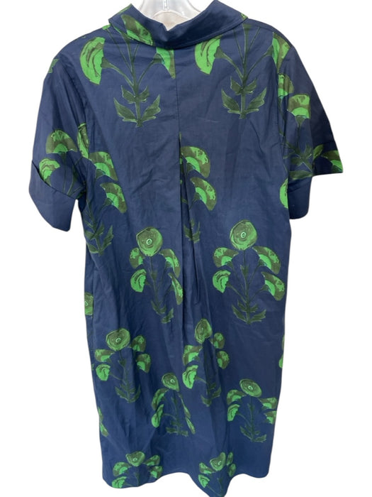 Entro Size L Navy & Green Cotton Short Cuff Sleeve Flowers Collar Buttons Dress Navy & Green / L