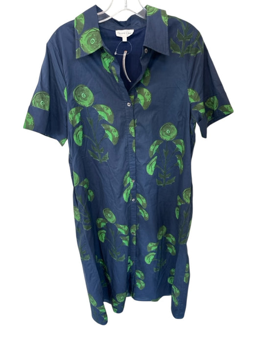 Entro Size L Navy & Green Cotton Short Cuff Sleeve Flowers Collar Buttons Dress Navy & Green / L