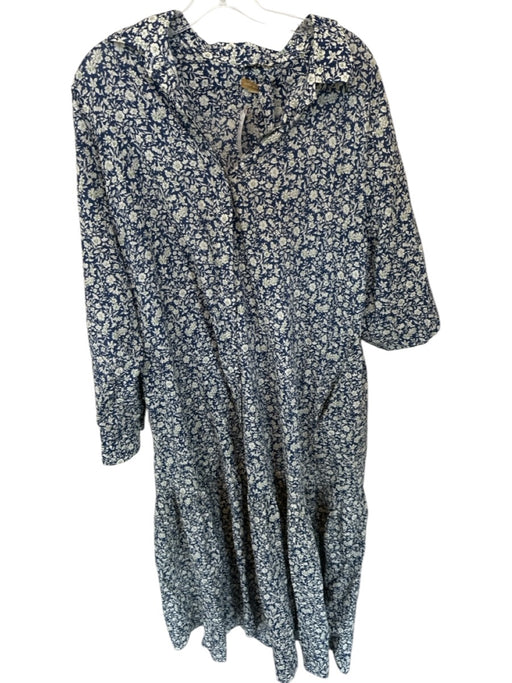 Ann Mashburn Size XL Navy & Green Cotton Long Sleeve Flowers Collar Dress Navy & Green / XL