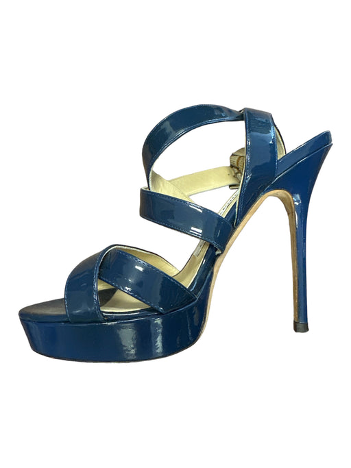 Jimmy Choo Shoe Size 36 Navy Patent Leather Stiletto Ankle Buckle Open Toe Shoes Navy / 36