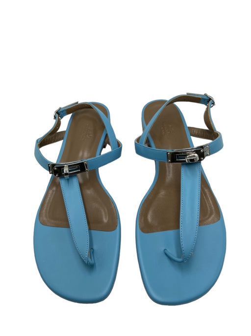 Hermes Shoe Size 38 Sky Blue Leather Silver Hardware Thong Buckle Sandals Sky Blue / 38