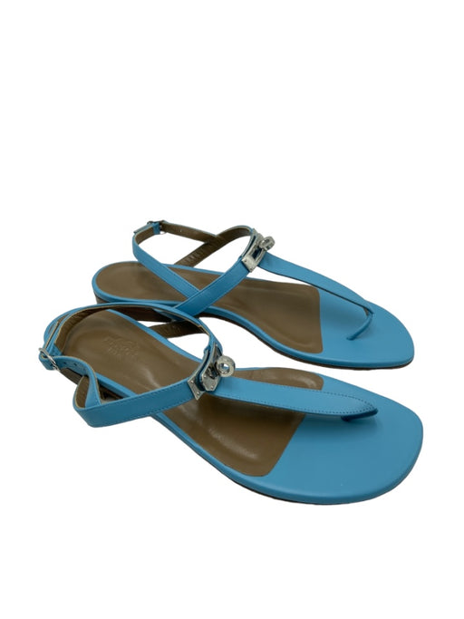 Hermes Shoe Size 38 Sky Blue Leather Silver Hardware Thong Buckle Sandals Sky Blue / 38