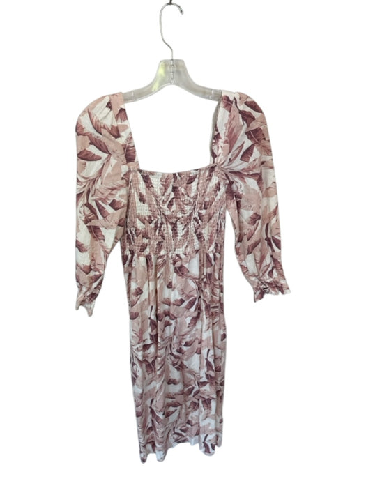 House of Harlow Size M Pink & White Linen Blend Floral Bubble Sleeve Midi Dress Pink & White / M