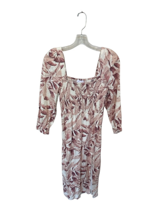 House of Harlow Size M Pink & White Linen Blend Floral Bubble Sleeve Midi Dress Pink & White / M