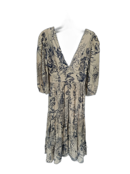 Love The Label Size XS Tan & Navy Cotton Long Balloon Sleeve Botanical Dress Tan & Navy / XS