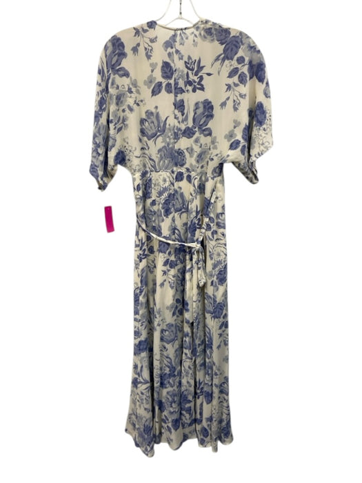 Reformation Size S Blue & Cream Viscose Surplice Floral Wrap Midi Dress Blue & Cream / S