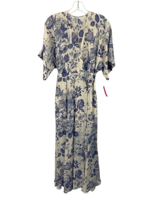 Reformation Size S Blue & Cream Viscose Surplice Floral Wrap Midi Dress Blue & Cream / S