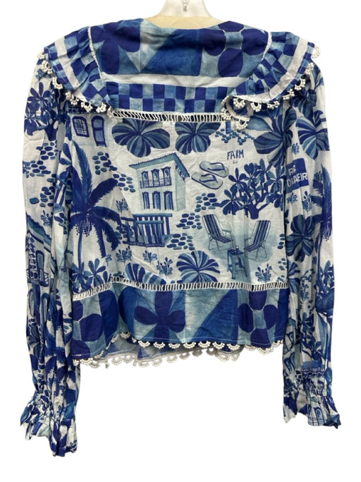Farm Rio Size S Blue & White Cotton Long Sleeve Abstract Print 1/4 Button Top Blue & White / S