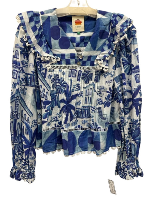 Farm Rio Size S Blue & White Cotton Long Sleeve Abstract Print 1/4 Button Top Blue & White / S