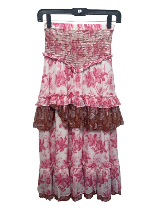 Love The Label Size XS White, Pink, Brown Cotton Floral Tiered Ruffle Maxi Skirt White, Pink, Brown / XS