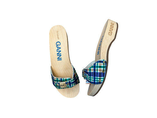 Ganni Shoe Size 10 Blue & Green Wood Canvas Plaid Mules Blue & Green / 10