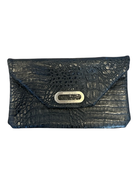 Jimmy Choo Black & Silver Leather Croc Embossed Front Flap Clutch Black & Silver