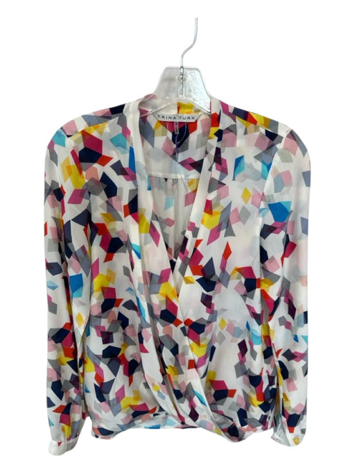 Trina Turk Size S White & Multi Silk Long Sleeve Geometric Top White & Multi / S