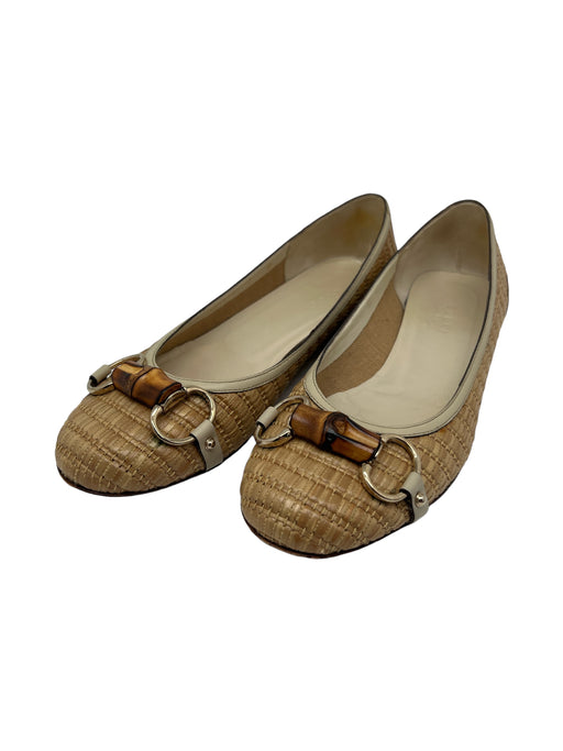 Gucci Shoe Size 7 Beige & Cream Straw & Leather Bamboo Detail Horsebit Flats Beige & Cream / 7