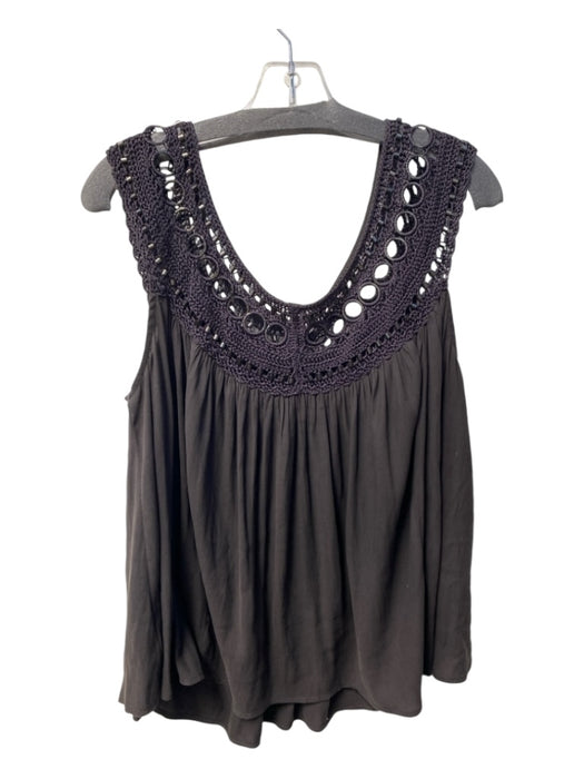 Free People Size M Black Polyester Boat Neck Crochet Gunmetal Hardware Flowy Top Black / M