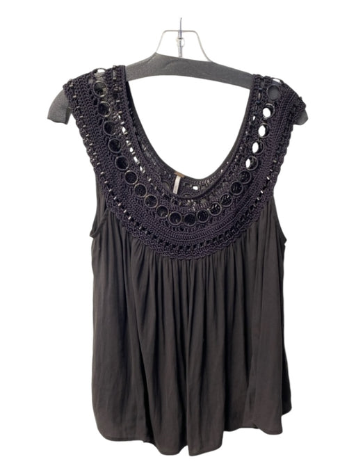 Free People Size M Black Polyester Boat Neck Crochet Gunmetal Hardware Flowy Top Black / M