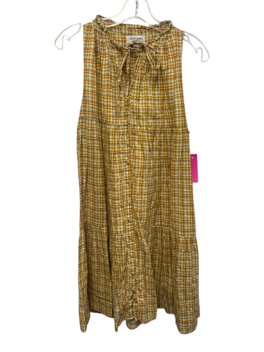 Olivia James Size S Tan, Yellow & Blue Cotton Sleeveless Plaid Piquet Dress Tan, Yellow & Blue / S