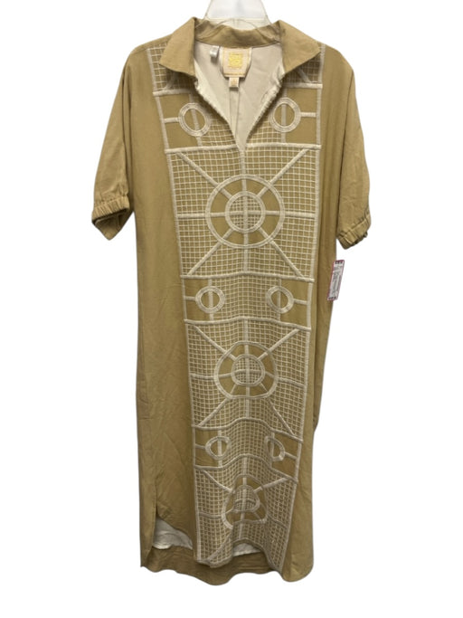 Emily McCarthy Size S Beige & White No Fabric Tag Short Sleeve V Neck Midi Dress Beige & White / S