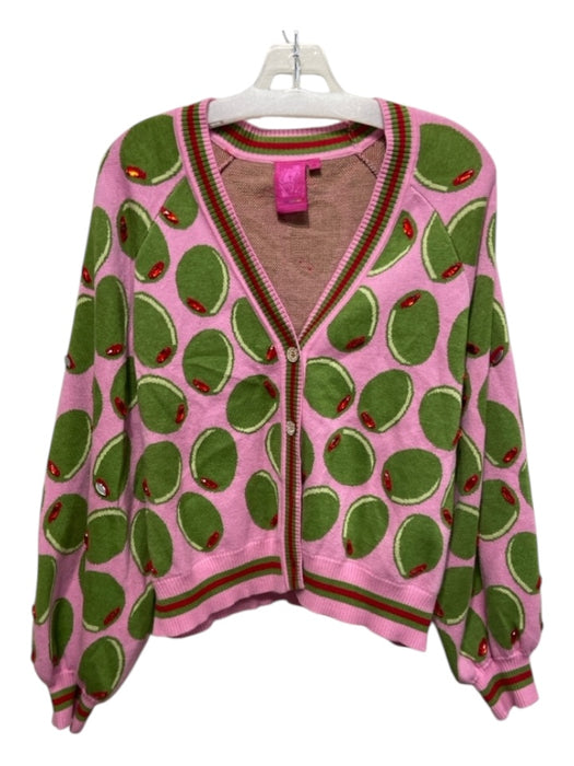 Queen of Sparkles Size XS Pink, Green & Red Acrylic & Cotton Button Cardigan Pink, Green & Red / XS