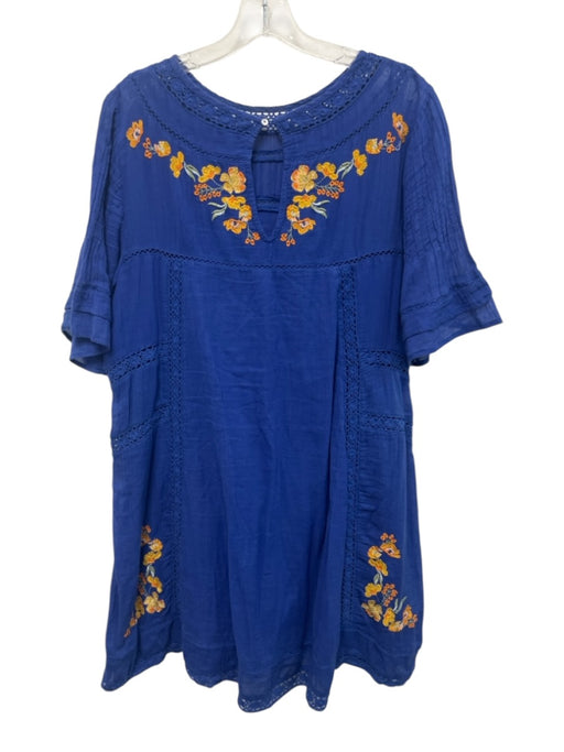 Free People Blue, Yellow & Multi Cotton Short Sleeve Floral Embroidery Dress Blue, Yellow & Multi