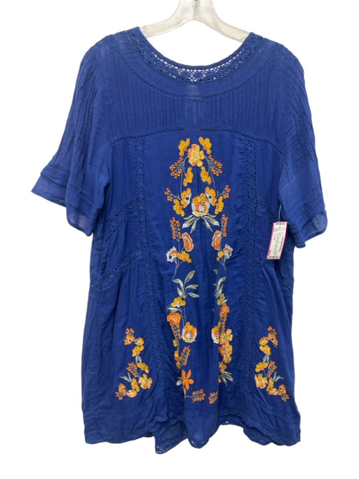Free People Blue, Yellow & Multi Cotton Short Sleeve Floral Embroidery Dress Blue, Yellow & Multi