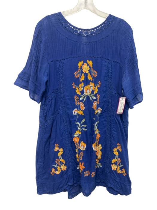 Free People Blue, Yellow & Multi Cotton Short Sleeve Floral Embroidery Dress Blue, Yellow & Multi