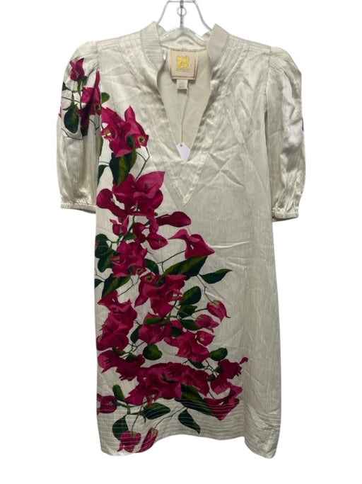 Emily McCarthy Size S Cream, Fuschia & Green No Fabric Tag Floral V Neck Dress Cream, Fuschia & Green / S