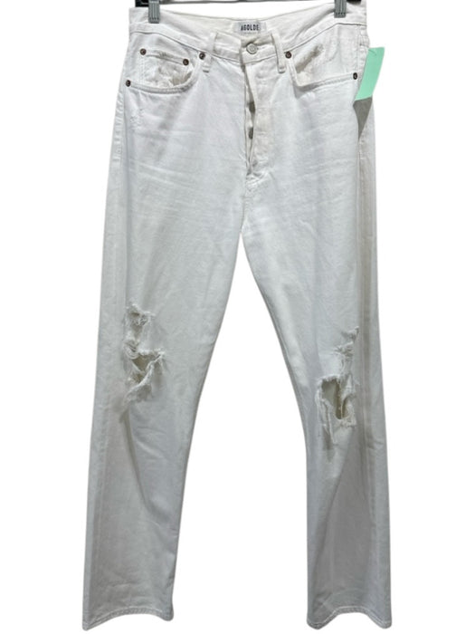 Agolde Size 26 White Cotton Distressed Button Fly High Rise Straight Leg Jeans White / 26