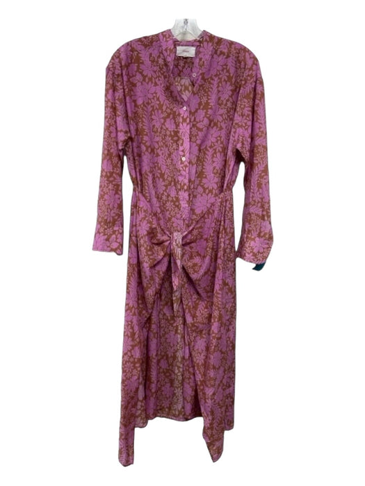 XiRENA Size S Pink & Brown Cotton Floral 1/2 Button Long Sleeve Tie Front Dress Pink & Brown / S