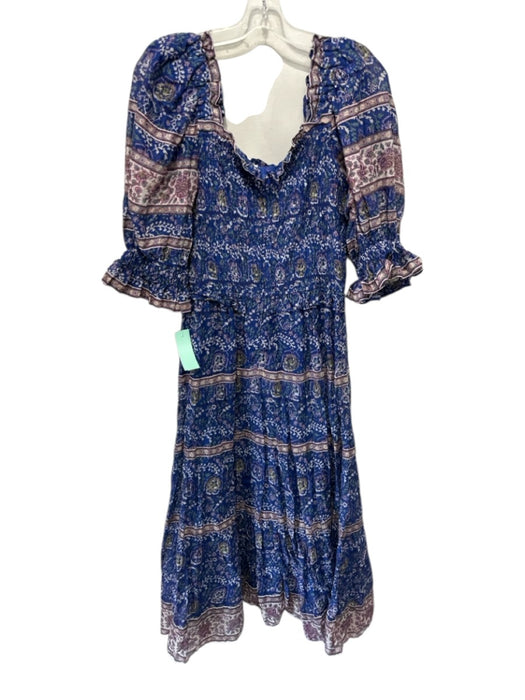 Sea New York Size L Blue & Multi Cotton Square Neck Puff 1/2 Sleeve Maxi Dress Blue & Multi / L