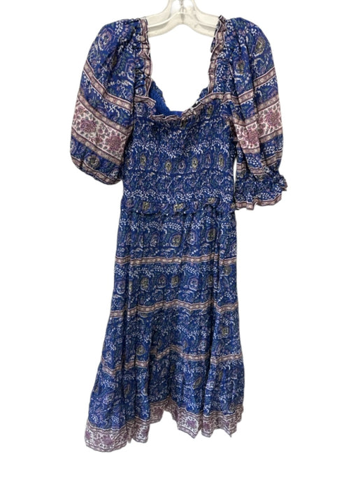 Sea New York Size L Blue & Multi Cotton Square Neck Puff 1/2 Sleeve Maxi Dress Blue & Multi / L