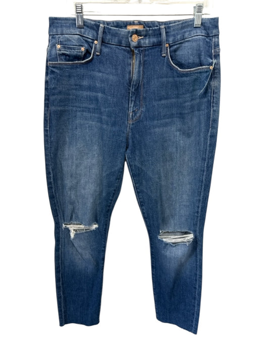 Mother Size 32 Blue Wash Cotton Blend Zip & Button Whiskering Ripped Knee Jeans Blue Wash / 32