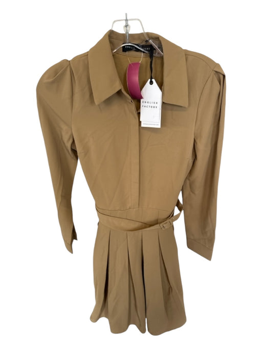 English Factory Size XS Tan Polyester Long Sleeve Pleated Collar Midi Dress Tan / XS