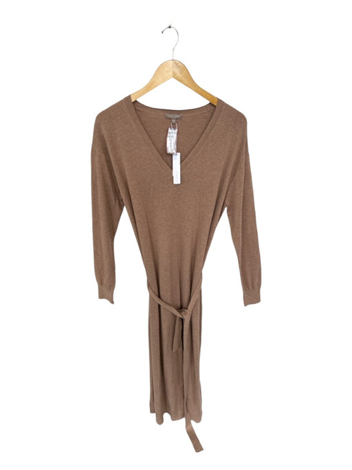 Lilla P Size M Camel Cotton Blend Long Sleeve Belted V Neck Maxi Dress Camel / M