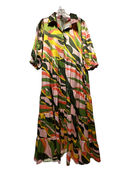 Karlie Size L Green & Peach Polyester Blend Short Balloon Sleeve Buttons Dress Green & Peach / L