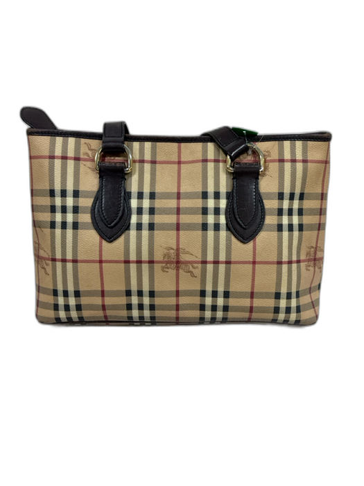 Burberry Beige, Black & Red Leather Checked Zipper Closure Tote Shoulder Bag Beige, Black & Red