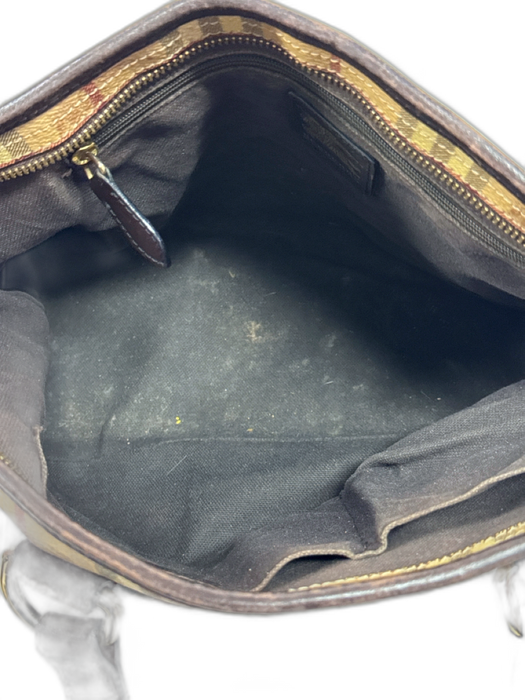 Burberry Beige, Black & Red Leather Checked Zipper Closure Tote Shoulder Bag Beige, Black & Red