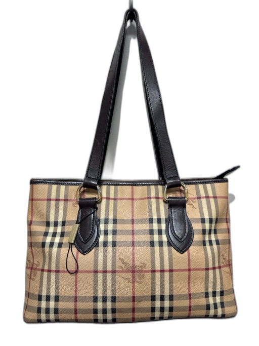 Burberry Beige, Black & Red Leather Checked Zipper Closure Tote Shoulder Bag Beige, Black & Red