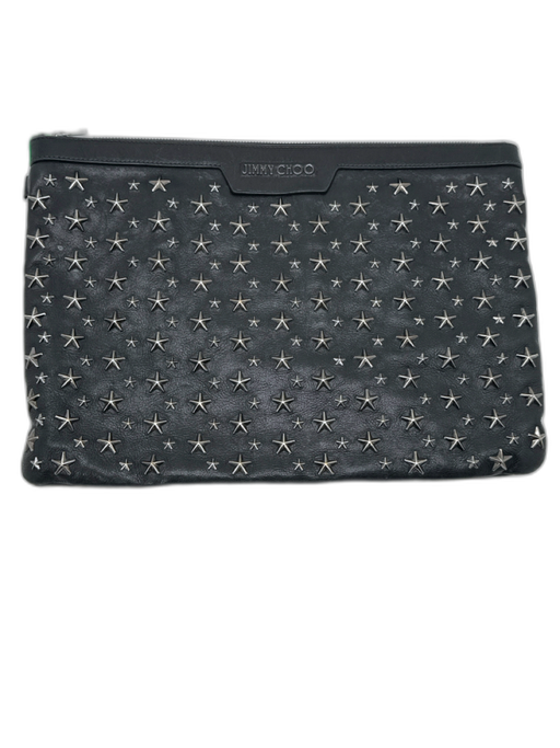Jimmy Choo Black & Silver Leather Star Studs Zipper Closure Clutch Bag Black & Silver