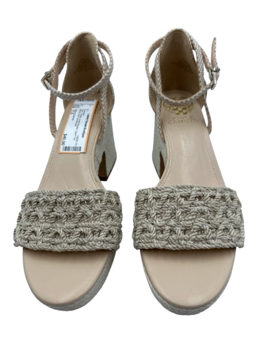 Vince Camuto Shoe Size 7.5 Tan Textile Ankle Buckle Open Toe Block Heel Sandals Tan / 7.5