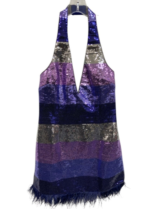 Lovers + Friends Size M Purple & Silver Poly Blend Sequined Feather Hem Dress Purple & Silver / M